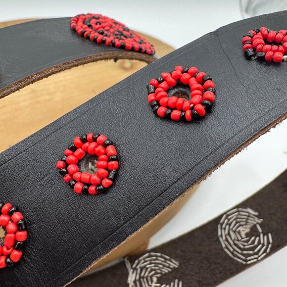 Handcrafted Black Leather Belt With Red & Black Beaded Circle Design Adjustable main image 4